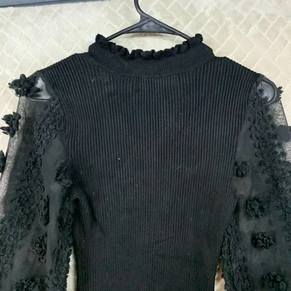 Almost Famous Womens S Sweater Black Ribbed Sheer Long Puff Sleeve Cabin Cottage - Picture 13 of 16